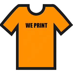 Orange T-shirt icon with WE PRINT on the front